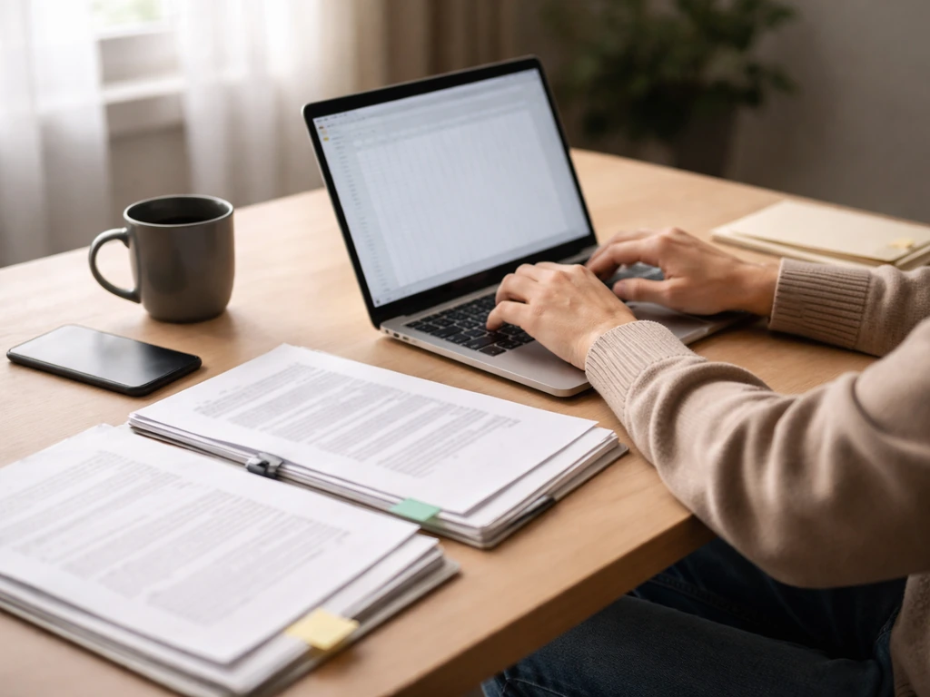 Researcher at a desk using a laptop and papers to compile an estimate from finance and media sources