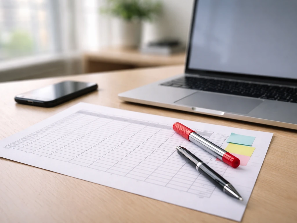 Minimal desk scene with a spreadsheet template, pen, and marker suggesting a net-worth source verification workflow.