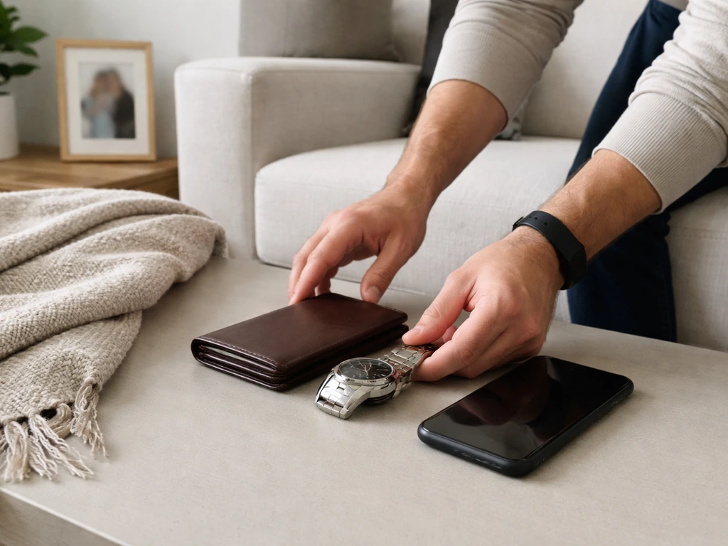 Anonymous hands arranging luxury props on a coffee table in a simple living room, face out of frame
