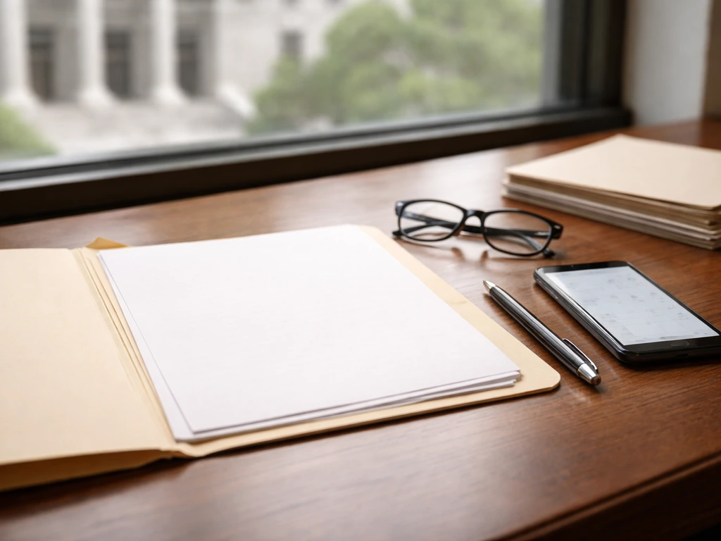 Minimal desk scene with blank documents, glasses, pen, and phone suggesting record verification.