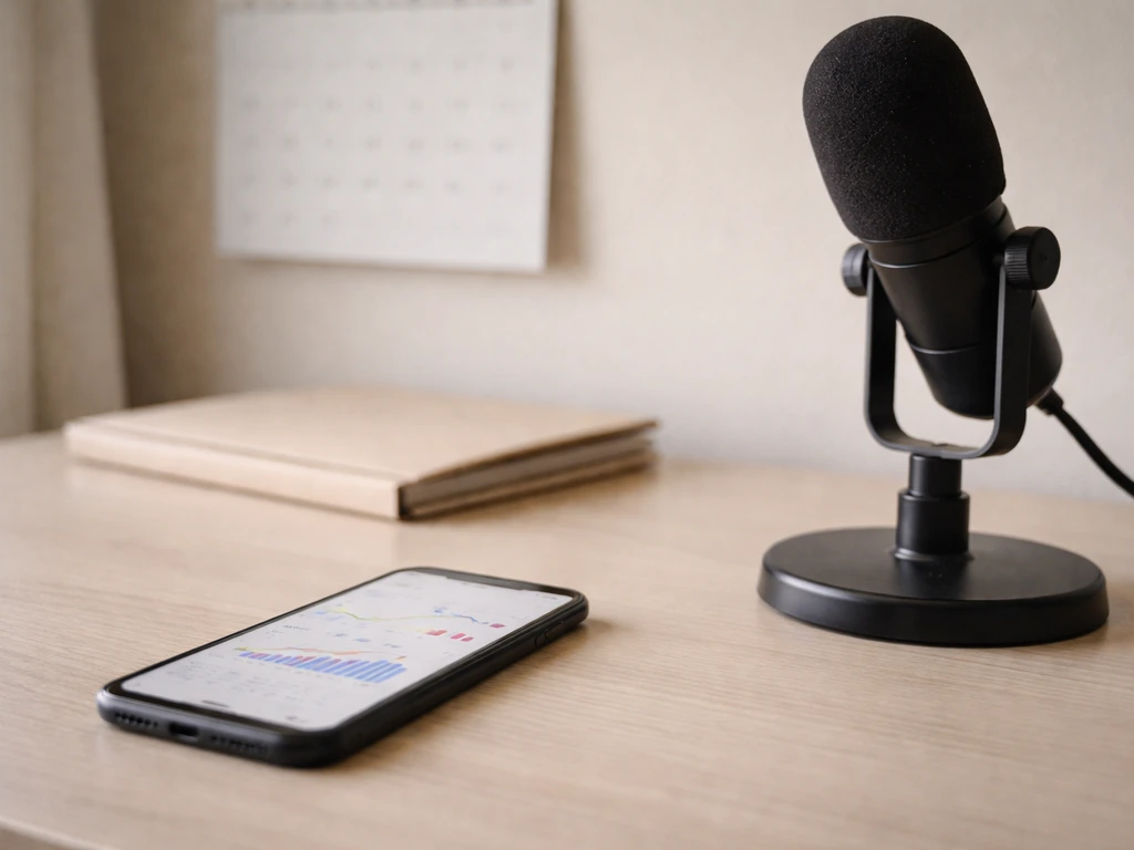Minimal desk setup with smartphone, podcast microphone, and calendar pages suggesting monetized public appearances
