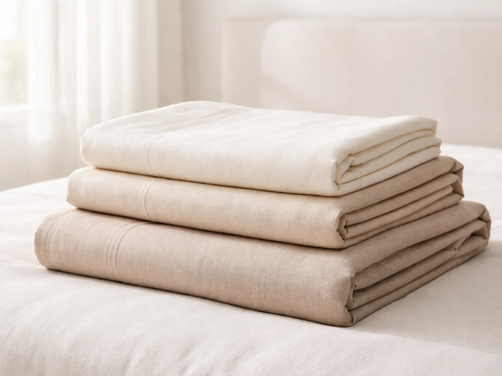 Folded luxury bed linens in warm natural light on a minimalist bed setup