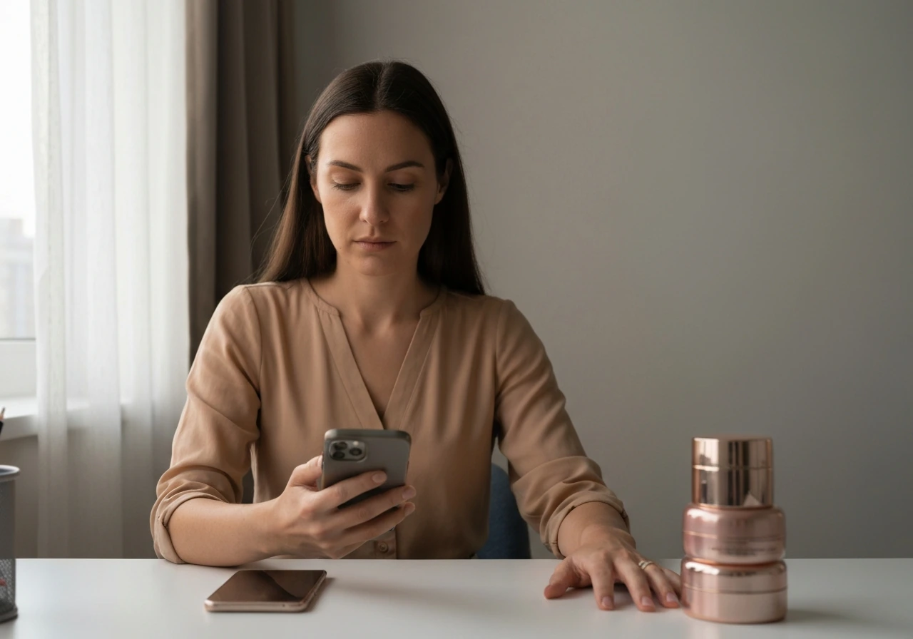 Anonymous woman in a simple home office, with a smartphone and beauty products suggesting multiple income sources.