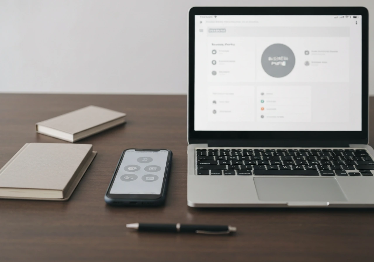 Laptop and smartphone on a desk showing blurred branding and business profile elements, no readable text.