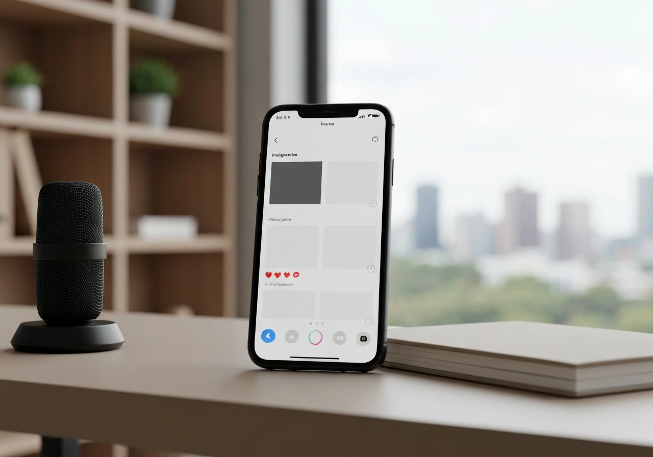 Smartphone on a desk showing generic Instagram/TikTok-style feeds beside a studio microphone