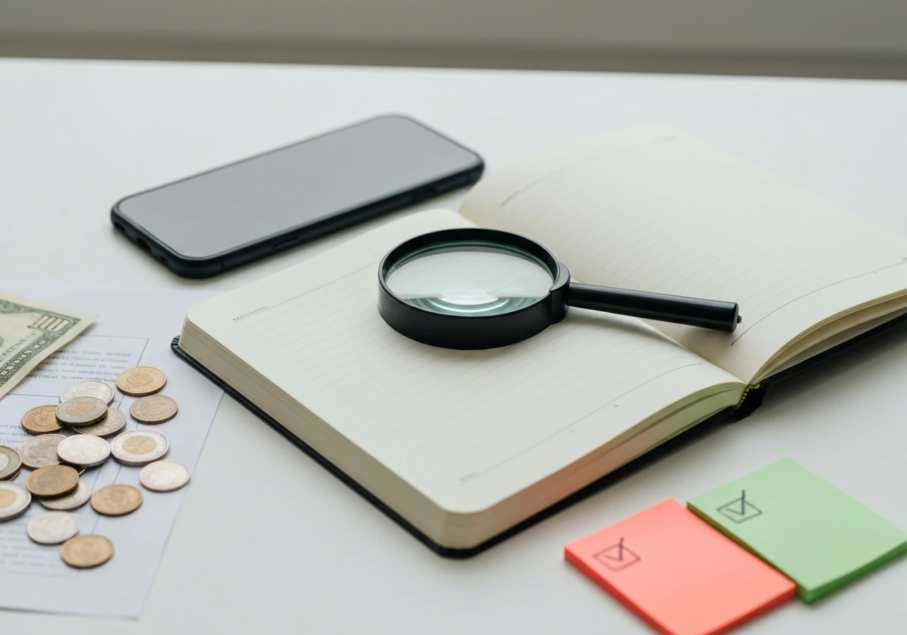 Minimal desk scene with an open notebook, magnifying glass, and scattered currency, suggesting checking numbers