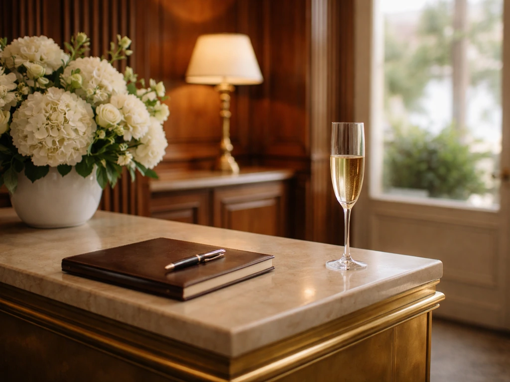 Elegant Charleston hotel lobby scene with brass desk, flowers, and luxury items symbolizing wealth and hospitality.