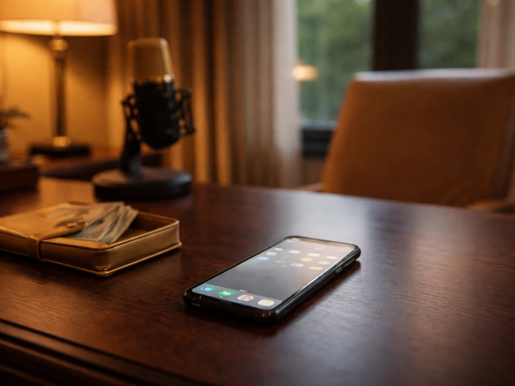 Luxury desk with cash and a microphone, warm light—symbolic of media earnings and net worth.