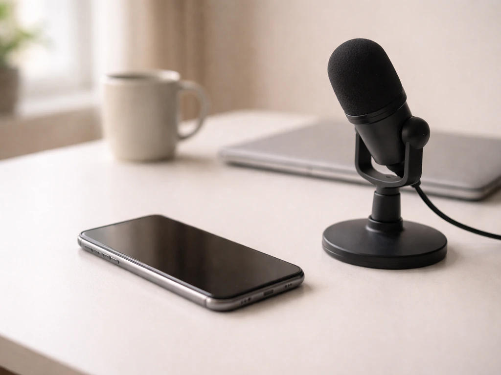 Lifestyle desk scene with a smartphone and small microphone, suggesting social media and sponsorship income.