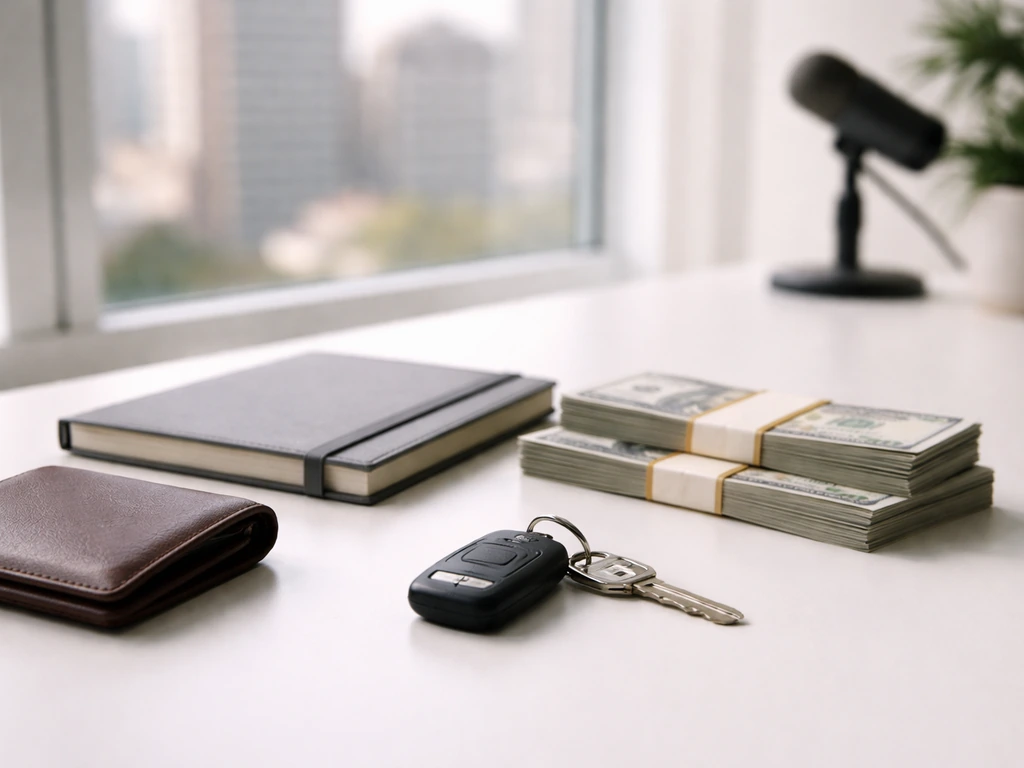 Minimal desk scene with keys, wallet, and blurred city view symbolizing net-worth components.