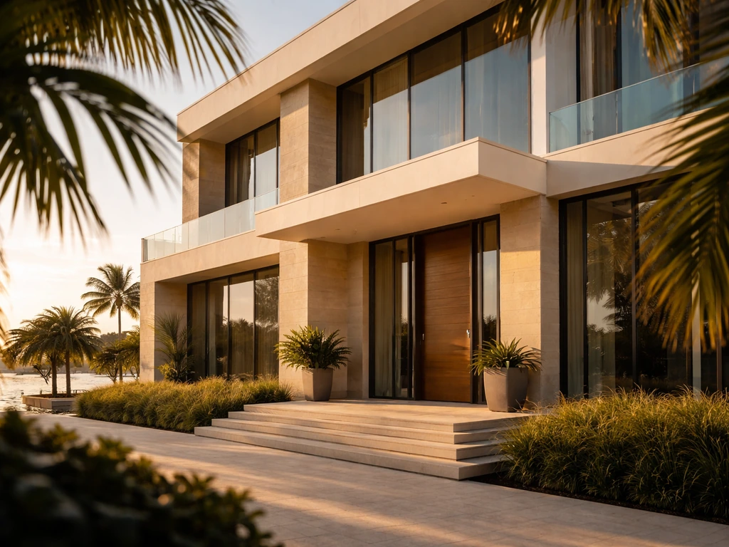 Sunlit Miami Beach luxury home exterior with a quiet porch and glass facade, no people.