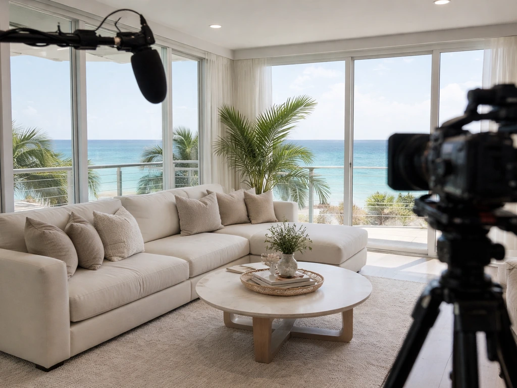 Bright Miami Beach beachfront living room with a subtle reality-TV camera setup in the background.