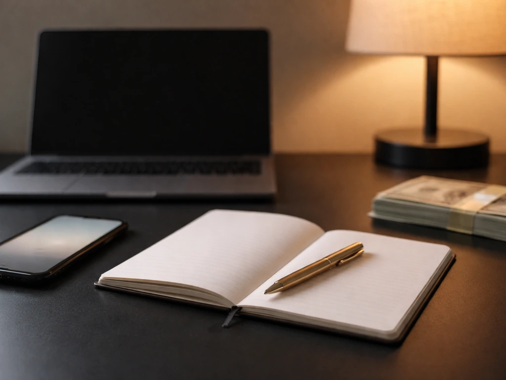 Minimal photo of a desk setup with a smartphone, notebook, and soft money-themed lighting for net worth verification.
