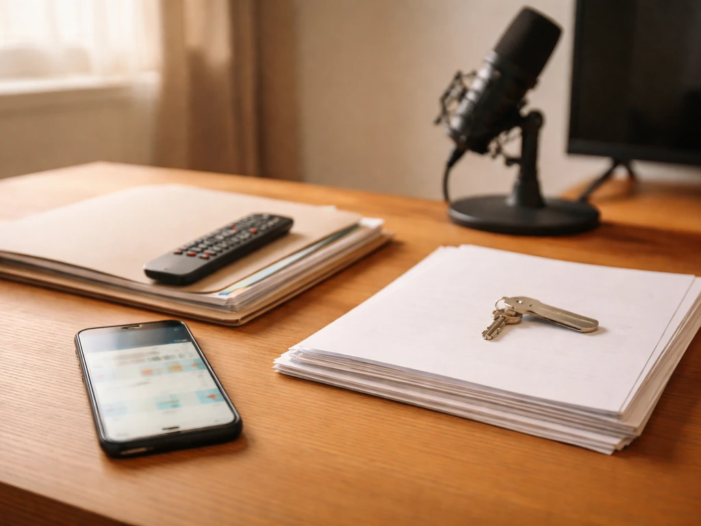 Minimal desk scene with TV and finance cues showing how net-worth estimates are inferred from evidence