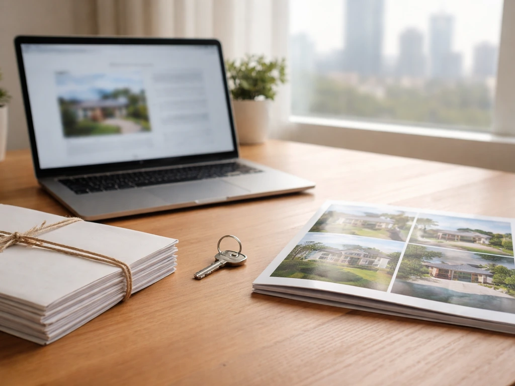 Realtor desk scene with documents, a key, and a laptop beside property photo book, no people or text.
