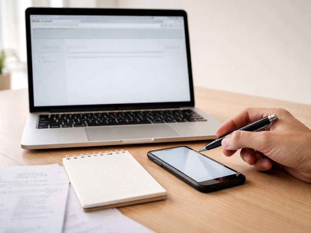Minimal desk scene with laptop and phone suggesting checking update dates for a financial figure