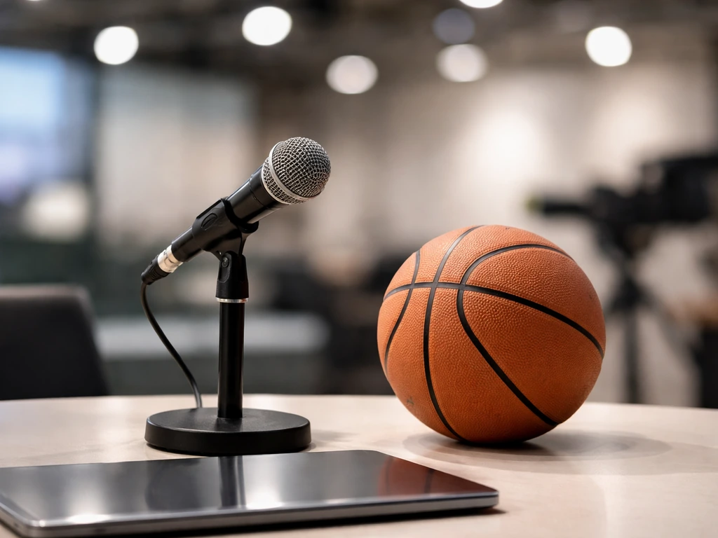 Modern TV studio desk with a basketball and business items suggesting media and wealth analysis
