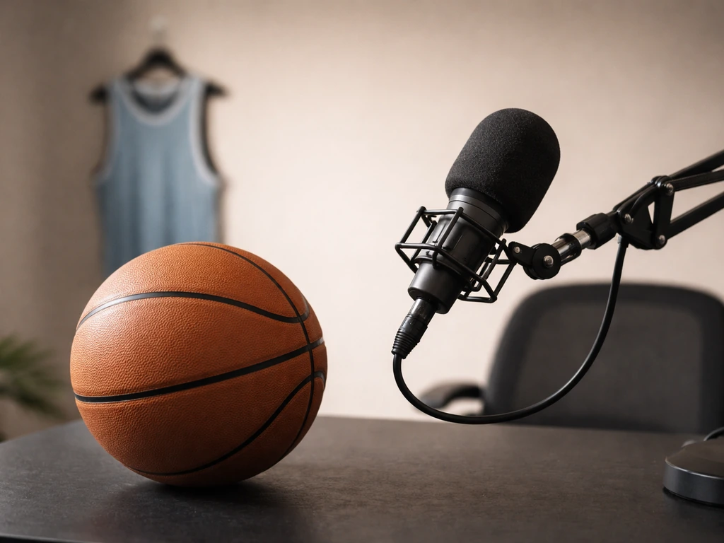 Basketball-themed media studio scene with a microphone and basketball, symbolizing a reality TV cast profile