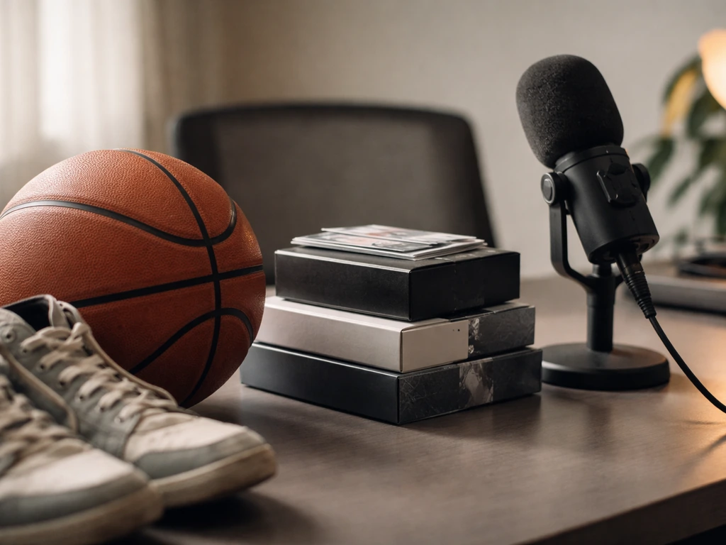 Minimal desk scene with a basketball, generic merchandise boxes, and a studio microphone symbolizing sports and media in