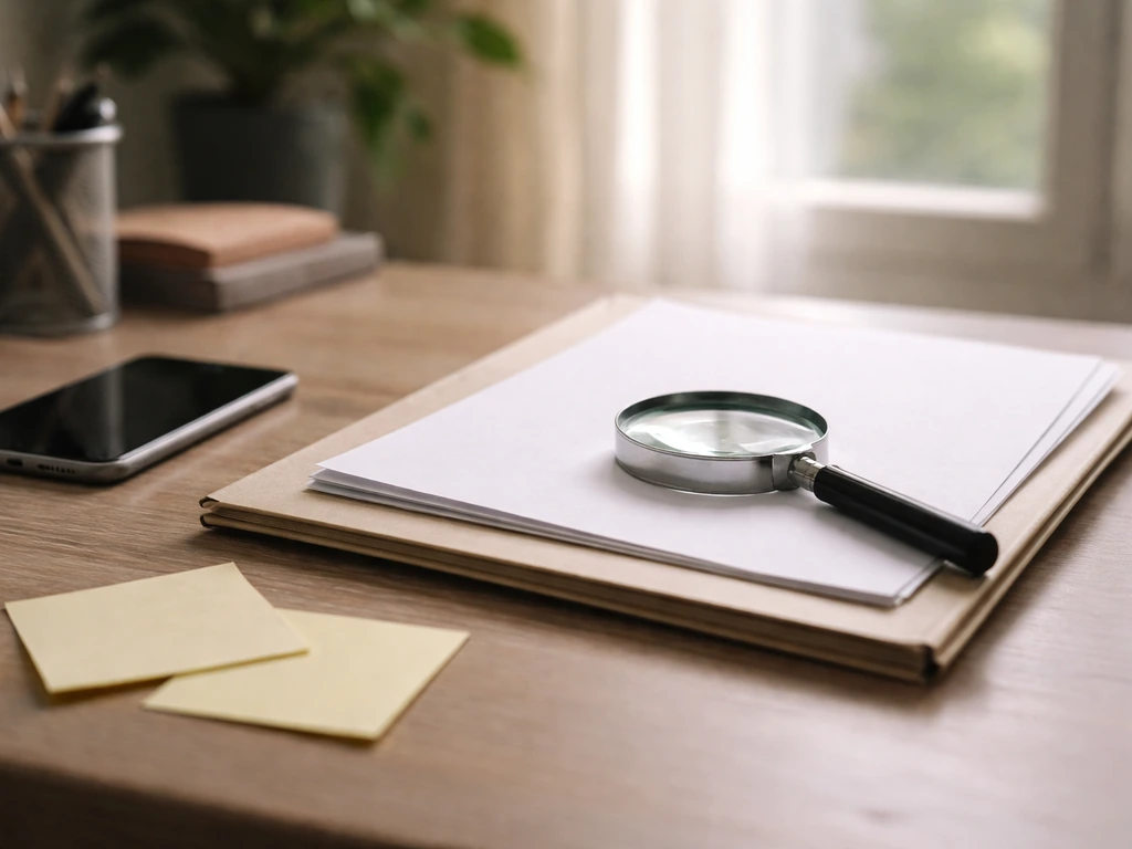 Minimal desk scene with scattered documents, a smartphone, and a magnifying glass symbolizing fact-checking finances.