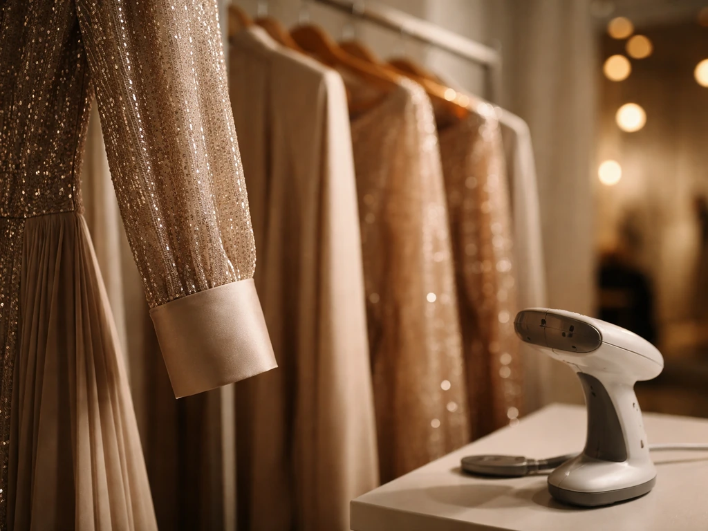 Close-up of tailored evening dress fabric on a studio garment rack with warm blurred lights in the background