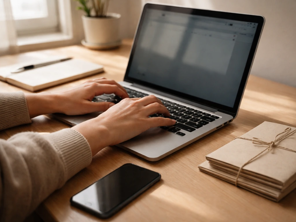 Hands at a laptop desk verifying public records, with smartphone and documents, minimal and realistic
