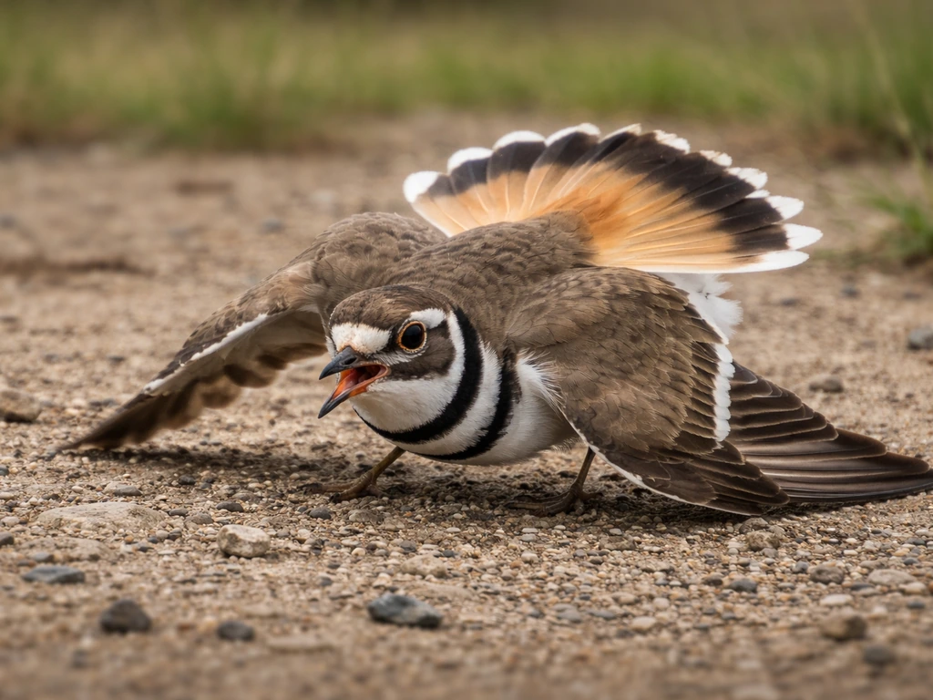 Killdeer performing broken-wing distraction display, wings held low and quivering on the ground