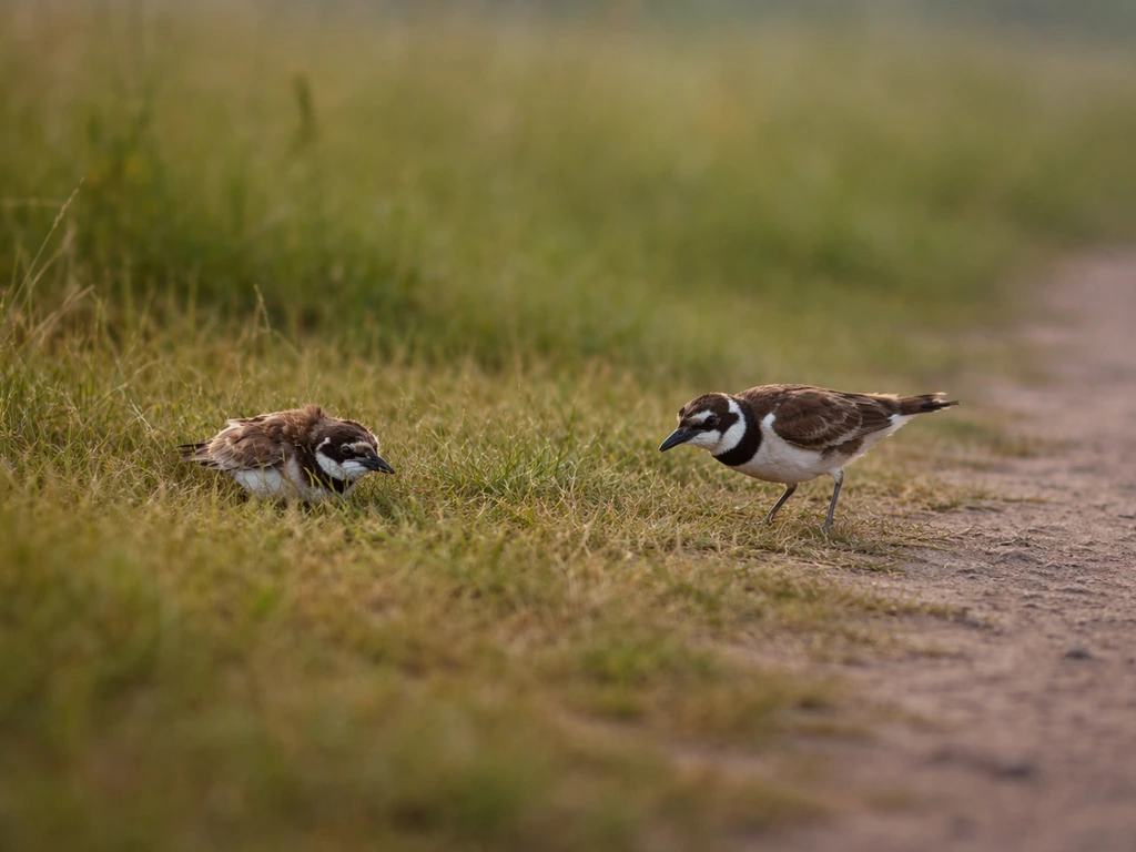 Killdeer in open grassland performing a decoy run versus an apparently injured bird sitting low nearby.