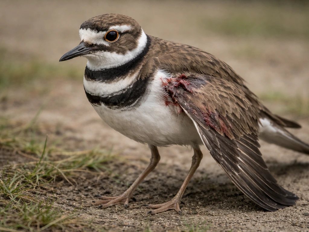 Close-up of an injured killdeer with a drooping wing in a quiet outdoor setting