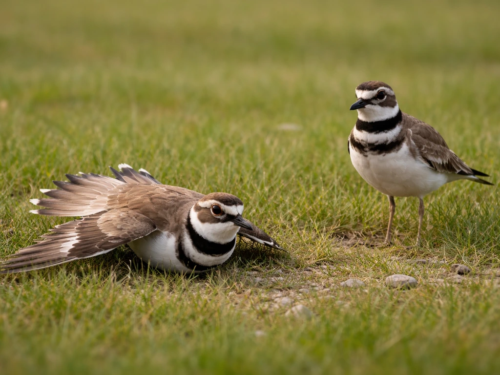 Killdeer standing on grass, one wing drooped as a broken-wing decoy next to a visible intact bird