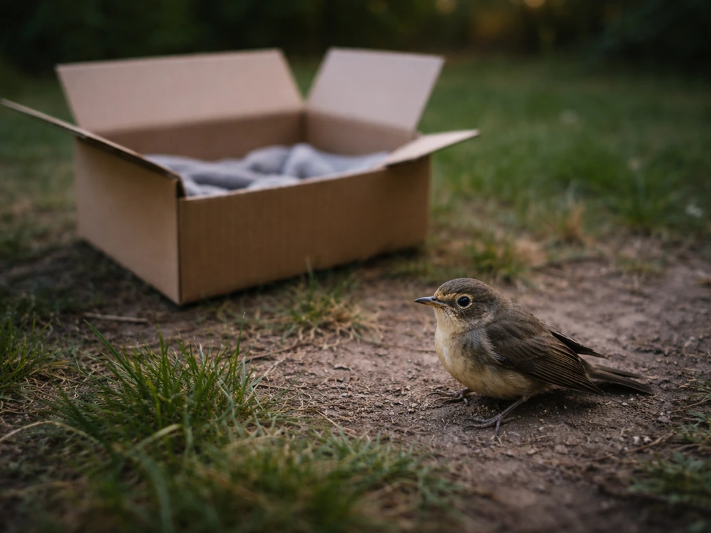 Wild bird on ground beside a lined cardboard box in a quiet, safe rescue setup.