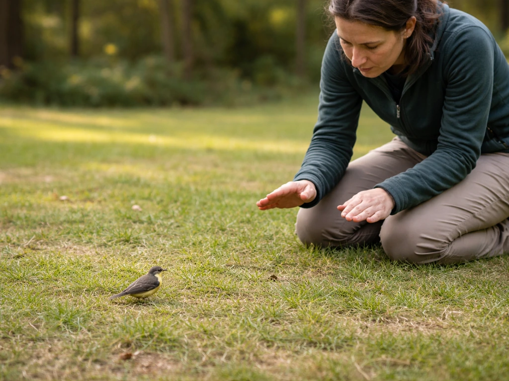 A person kneels safely apart, calmly watching a small bird on the ground outdoors.