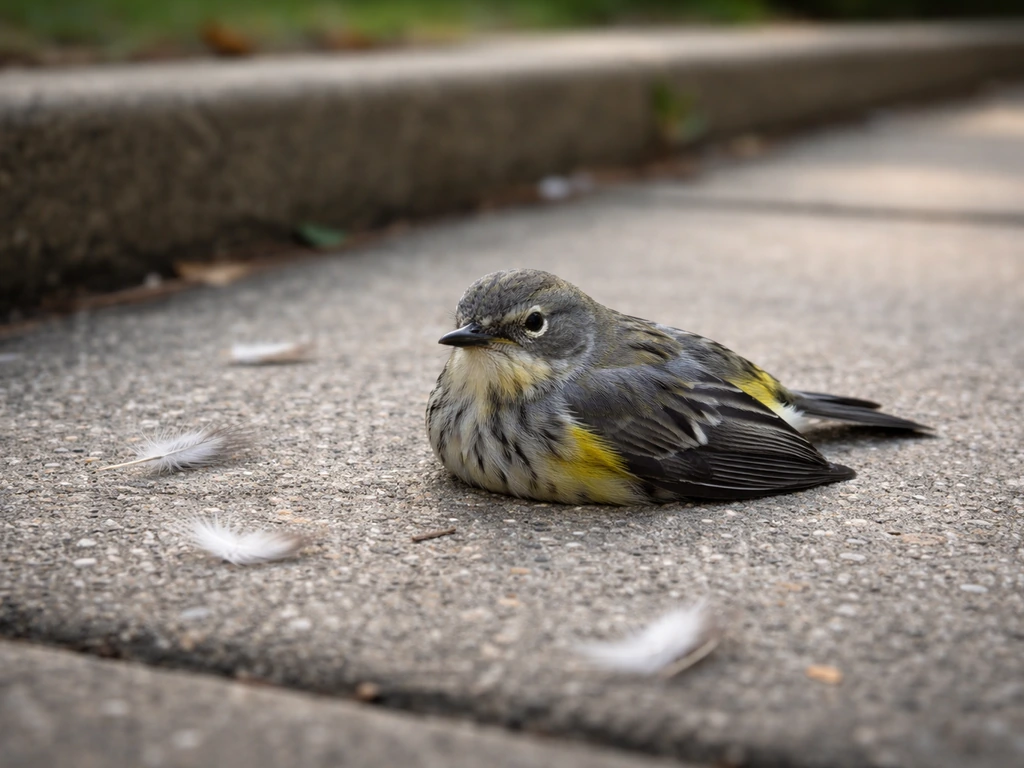 Small bird lying on pavement after window collision, appearing stunned with nearby fallen feathers.