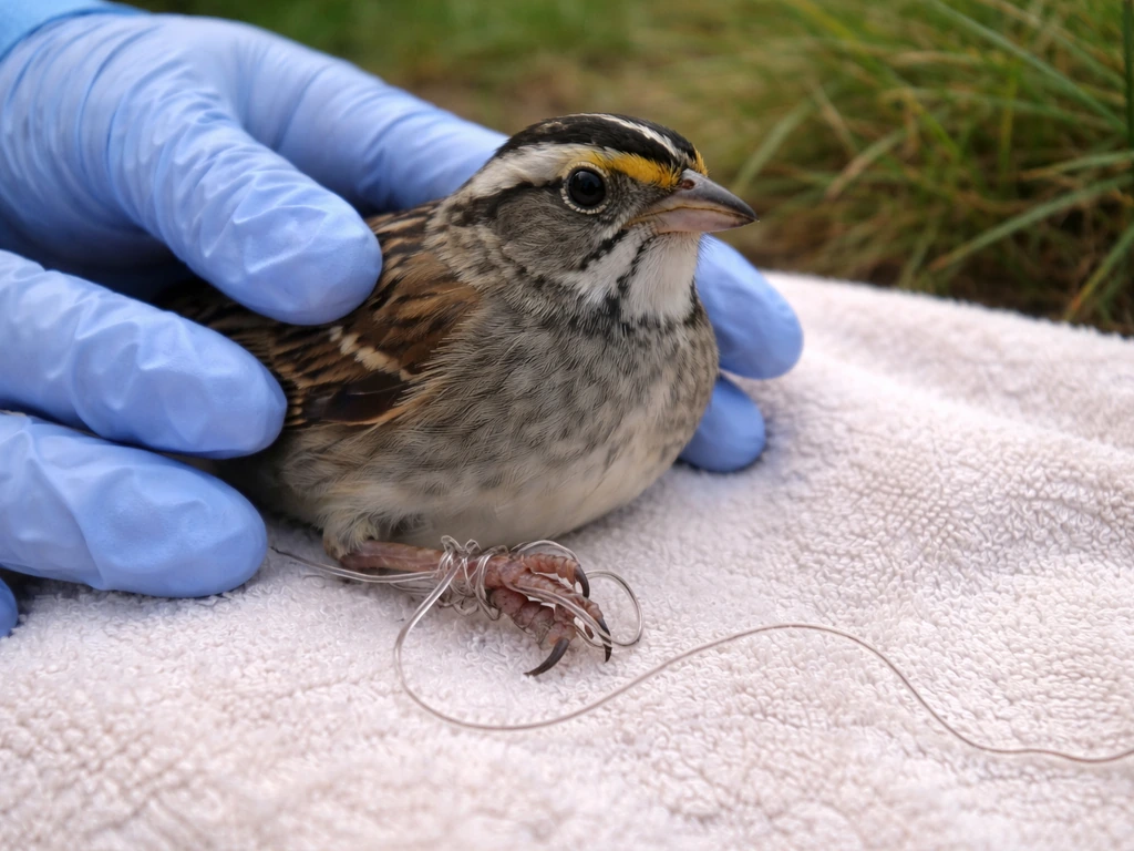 Close-up of a small bird with thin fishing line wrapped around its leg, held gently in a rescue context.