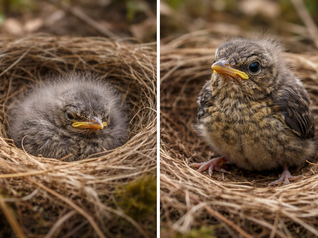 Side-by-side nestling with down and closed eyes vs fledgling with patchy feathers and alert eyes.