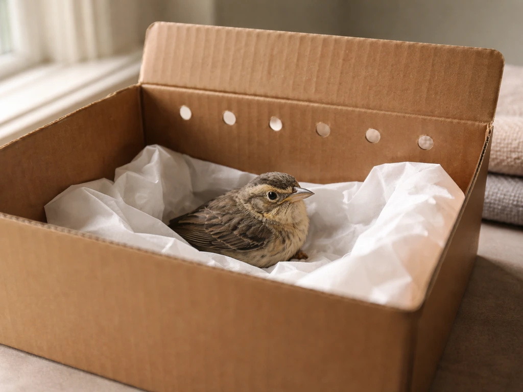 Rescued small bird resting safely in a ventilated warm cardboard box, first-aid calm scene