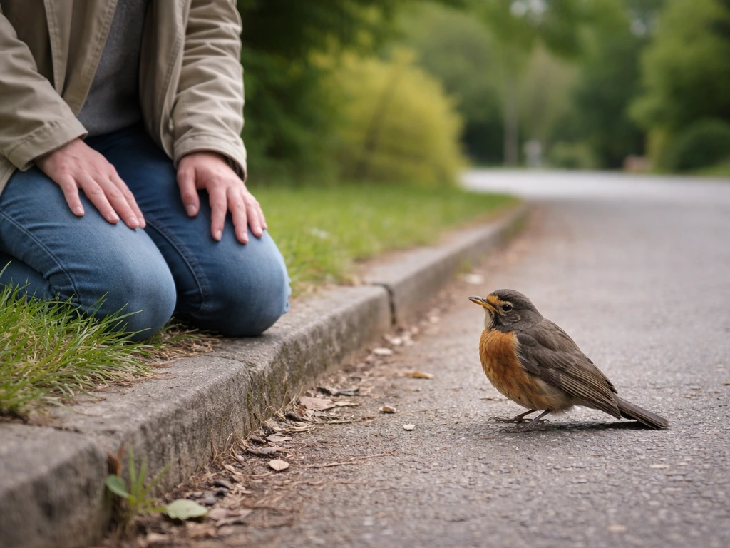 Person kneels a few feet from an upright injured wild bird, watching calmly without touching.