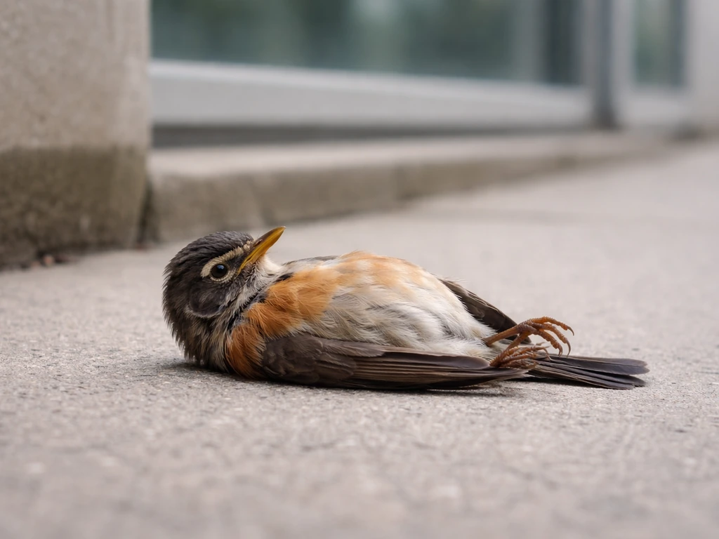 Stunned small bird lying dazed on a sidewalk outside with a softly blurred window reflection behind.