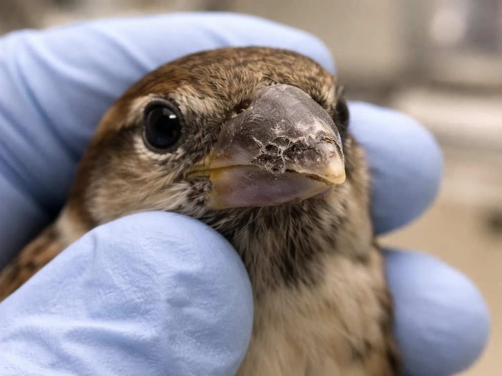 Close-up of a bird’s beak with a chipped tip and a more severe cracked area, held by gloved hand.