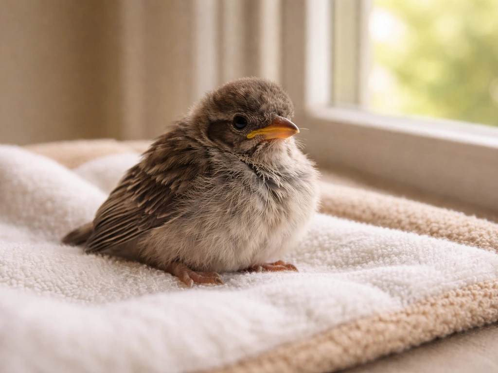 A rescued fledgling bird on a lined towel near a window, alert and safe for immediate care.
