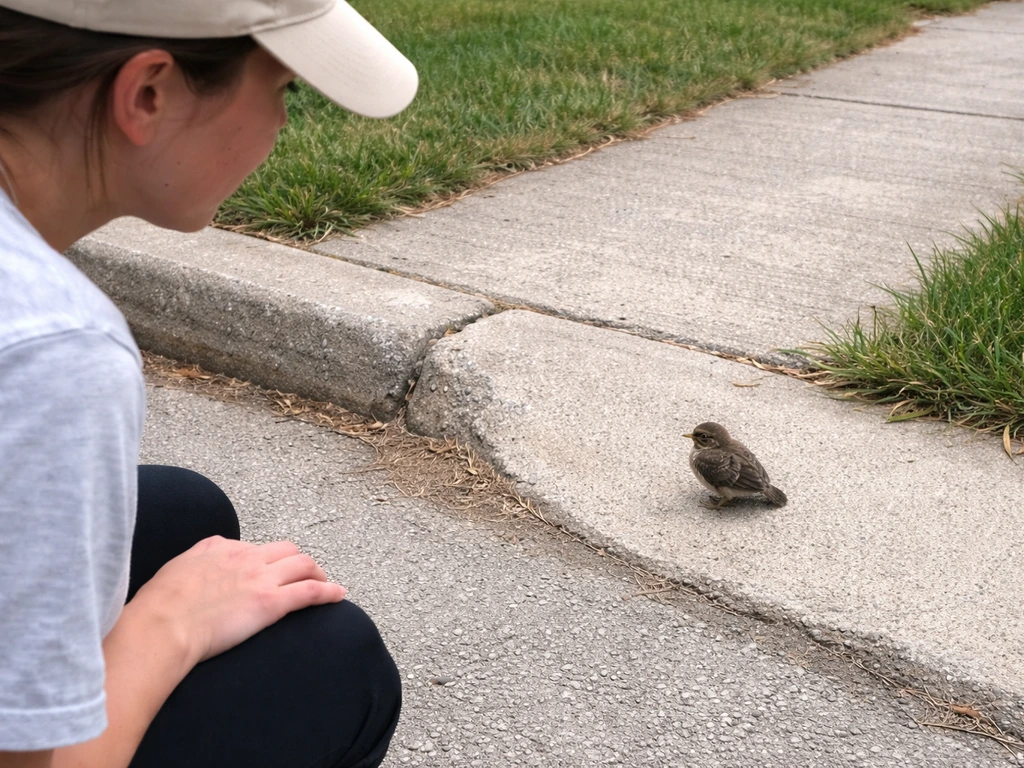 Person observing a small fledgling bird from a safe distance on a quiet sidewalk