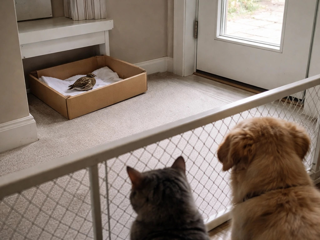 A quiet home setup with a small bird left undisturbed while pets stay behind a closed gate.
