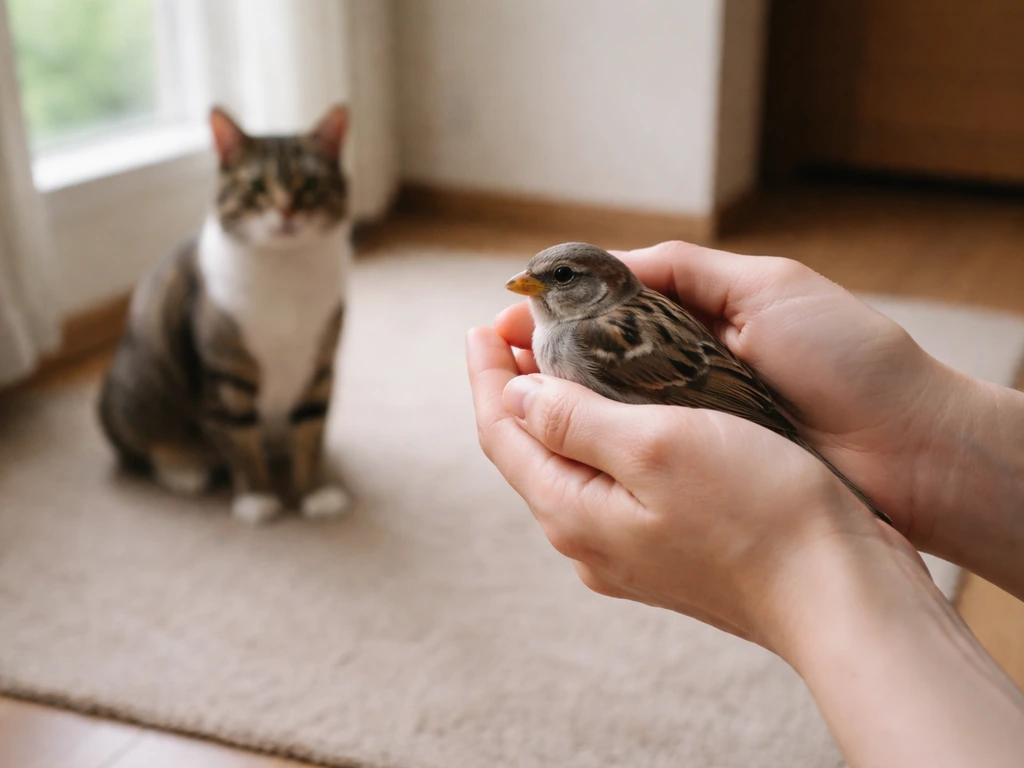 Person’s hands holding a small bird near a closed home door while a cat watches indoors