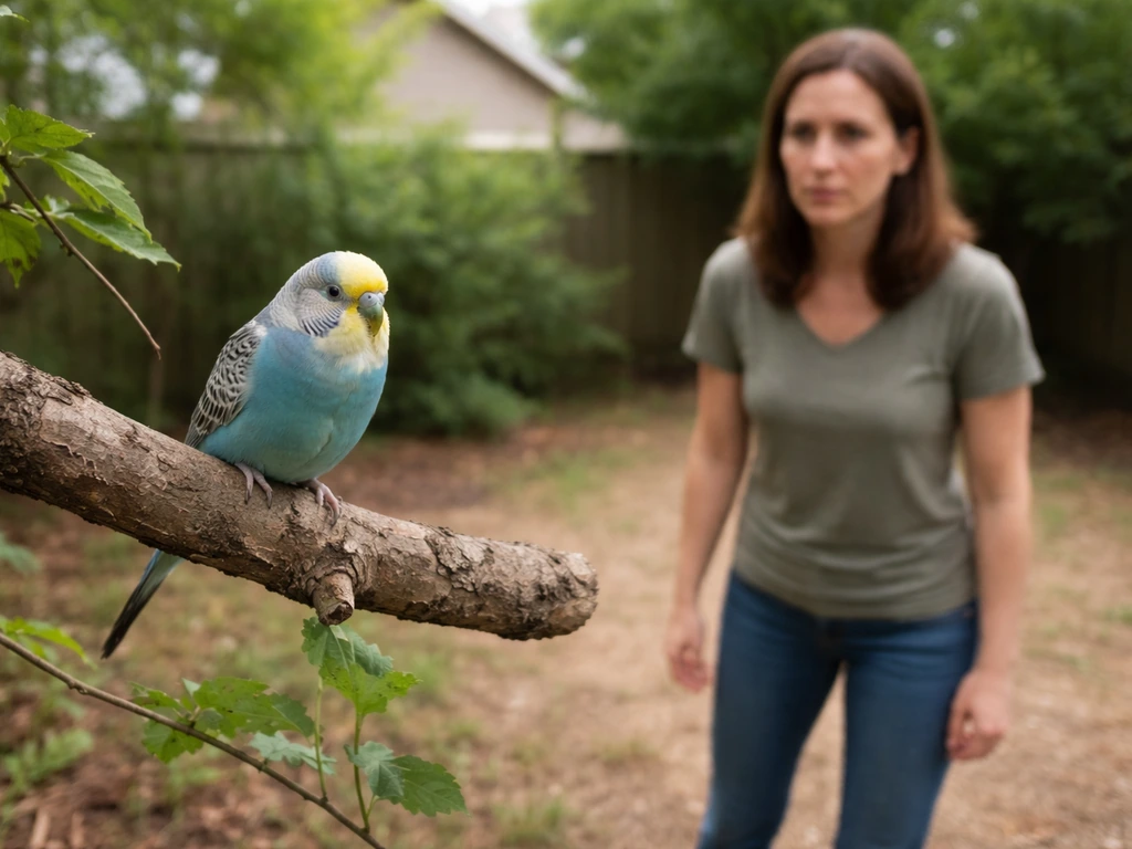Small pet bird perched on a tree branch while a person watches from the ground at a safe distance.