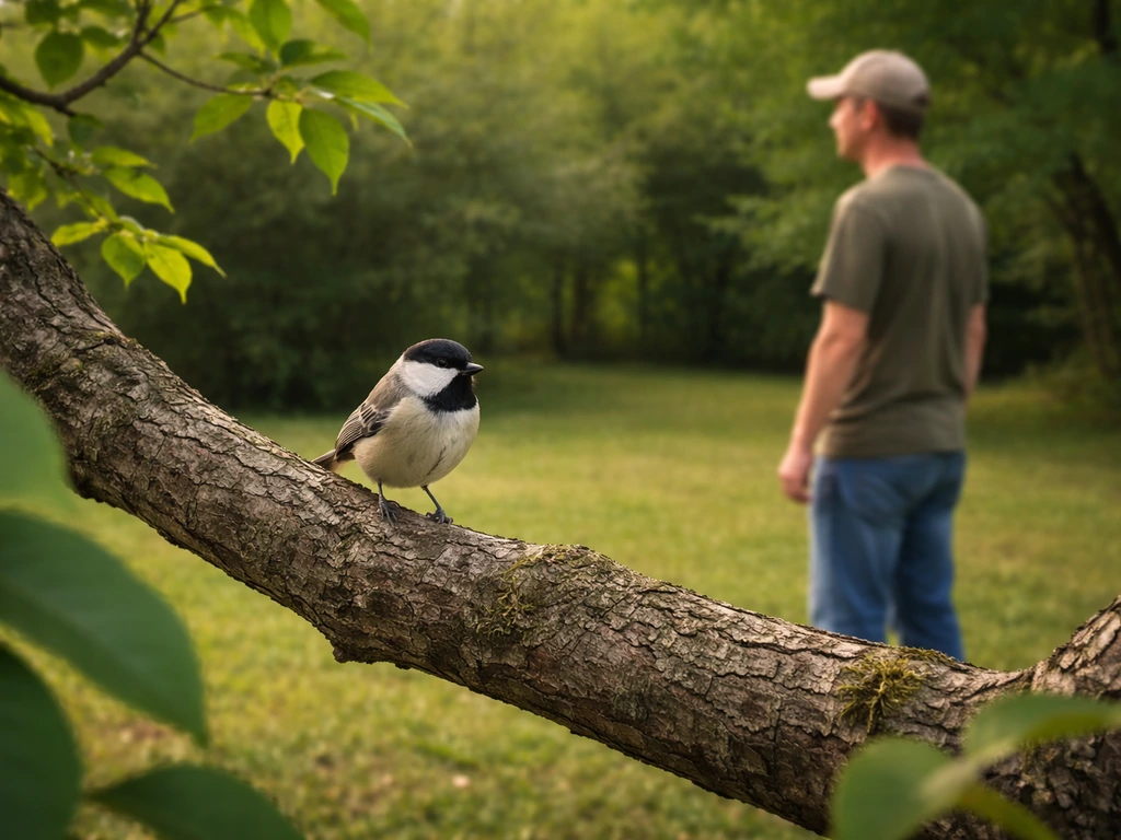 A small bird stays on a tree branch while a person stands far away, creating quiet space.