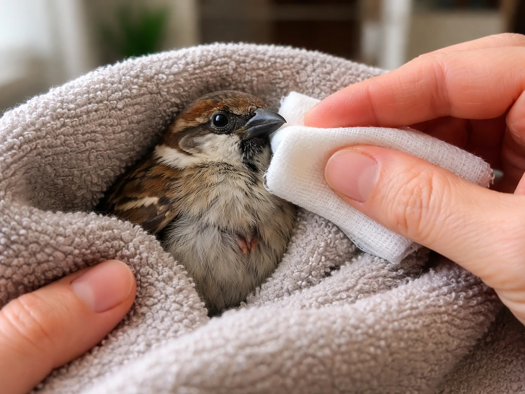 Hand applies gentle, firm pressure through cloth on a small bird held in a towel, non-graphic.