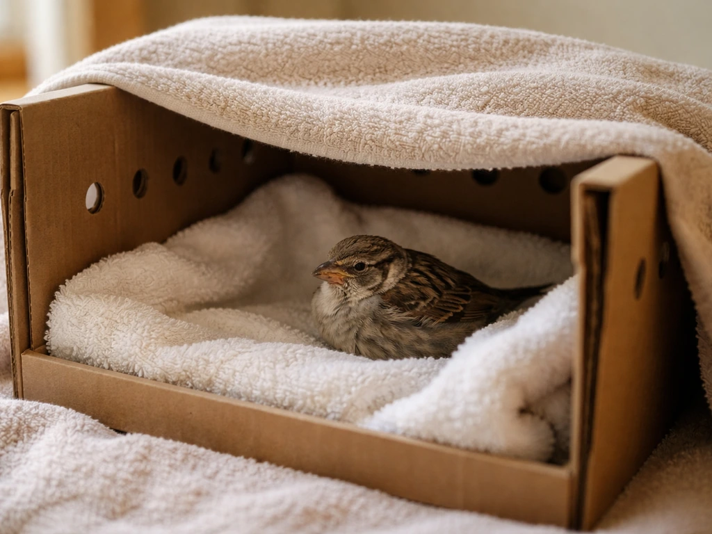 A ventilated lined recovery box with a small injured bird inside, kept warm and quiet.