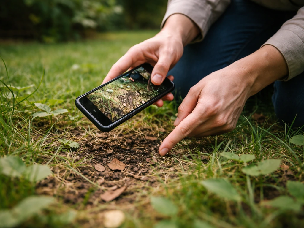 Person kneeling and using a phone to mark and photograph the exact last-seen bird location in a garden