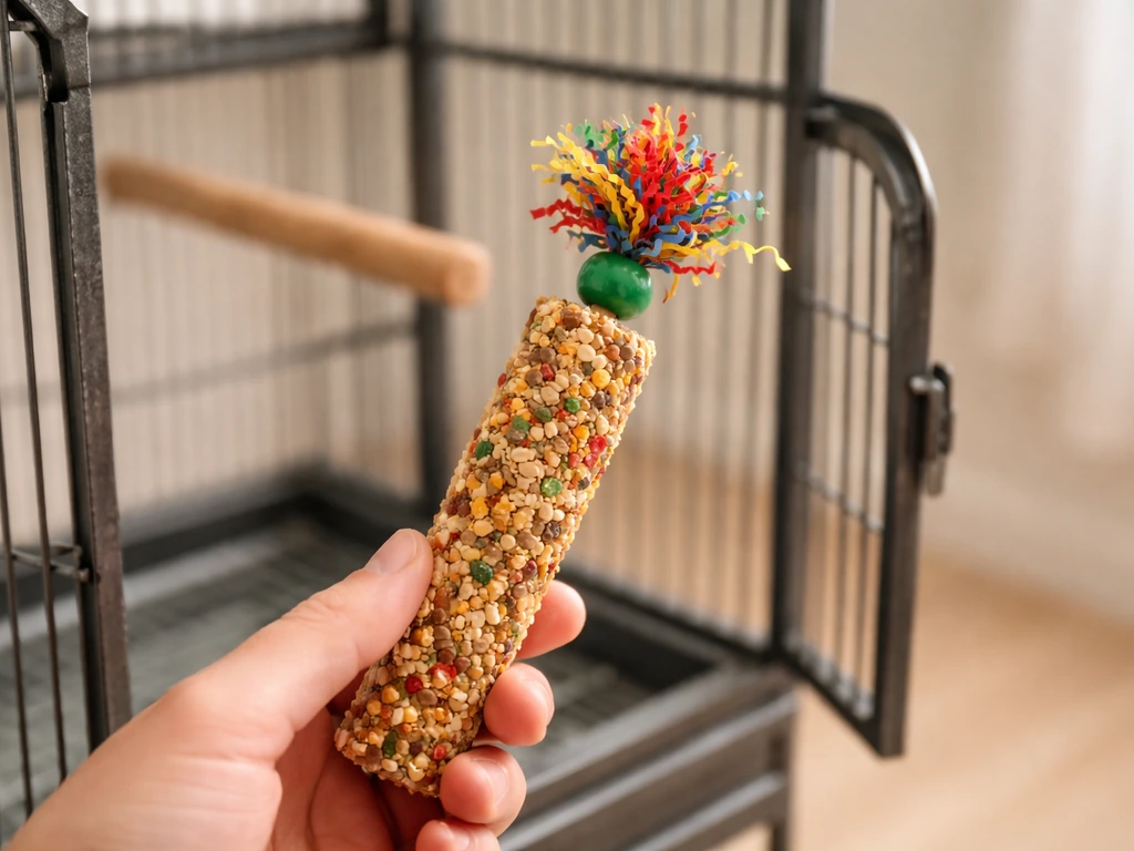 Hand holding a familiar bird toy near an open cage, using it to lure a bird back