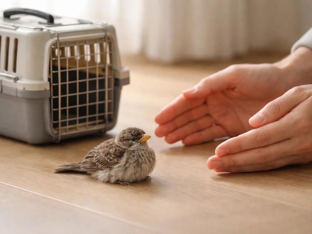Stunned small bird resting near a pet carrier with a quiet, safe observation setup nearby.